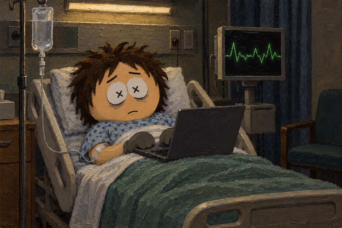 Oil painting: an exhausted coder in a hospital bed still typing on a laptop
