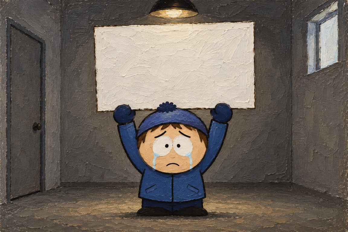 Oil painting: a sad kid holding a sign