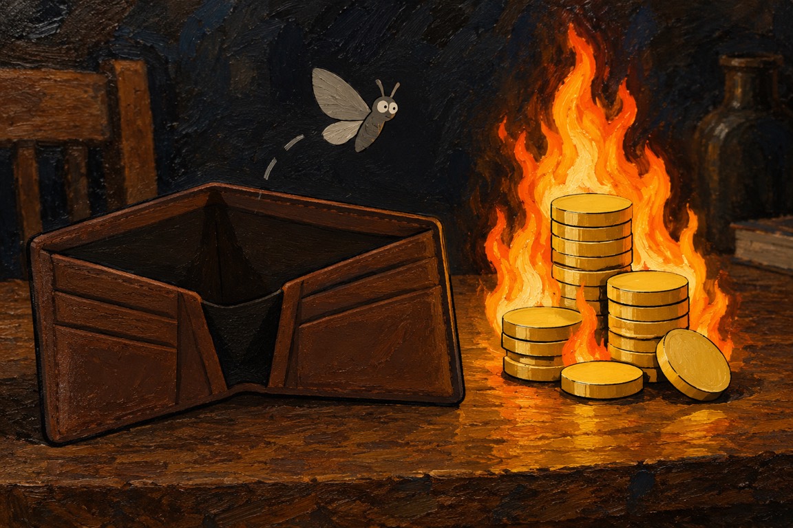 Oil painting: an empty wallet with a moth and burning token coins