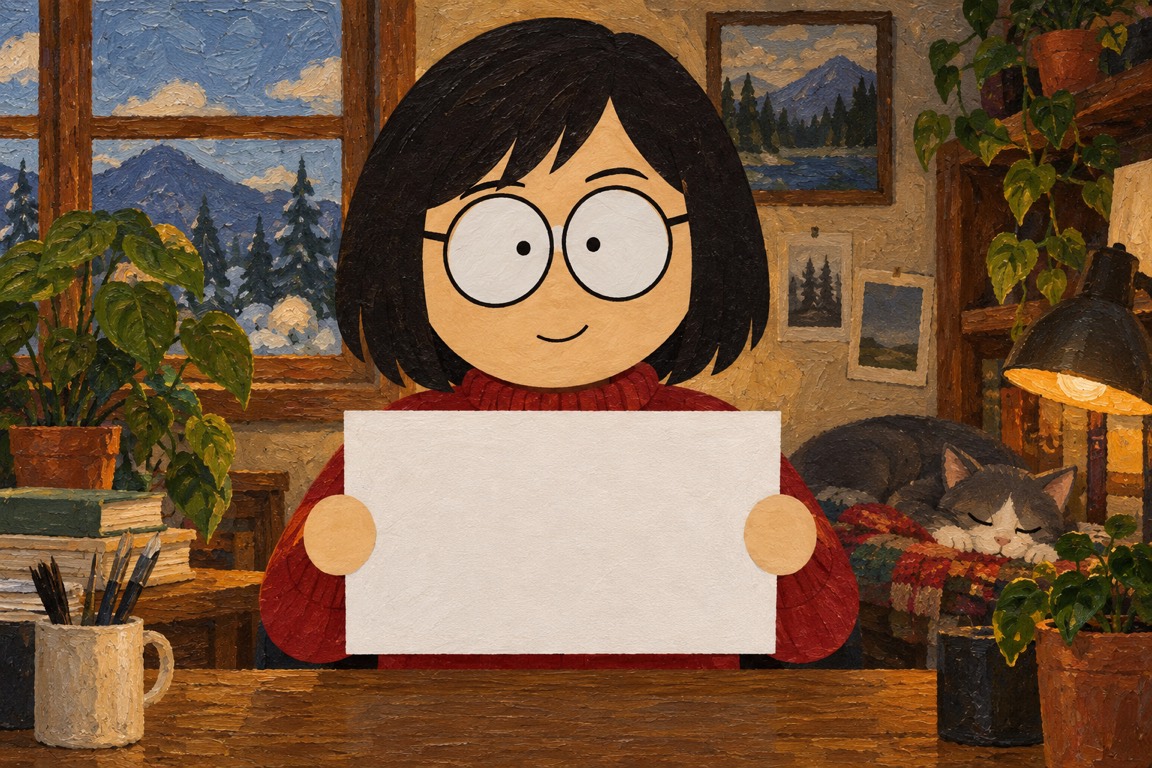 Oil painting: a woman in glasses holding a sign