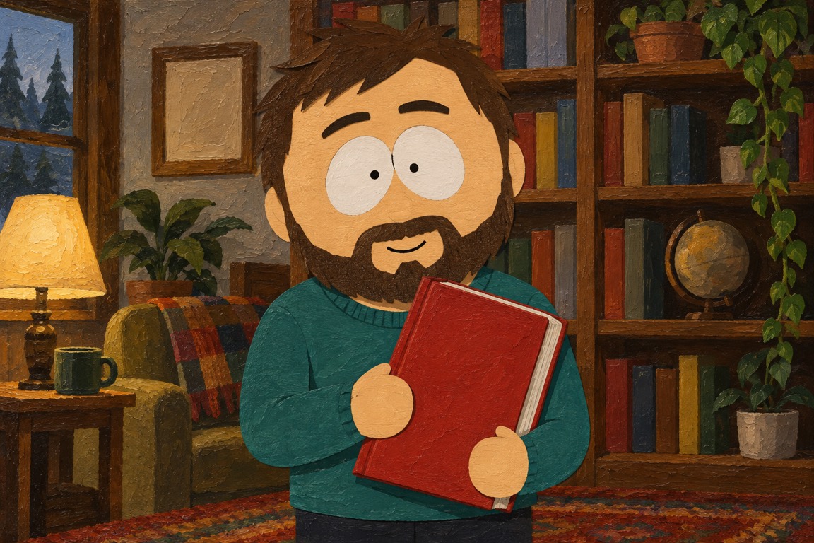 Oil painting: a bearded man proudly holding a red book