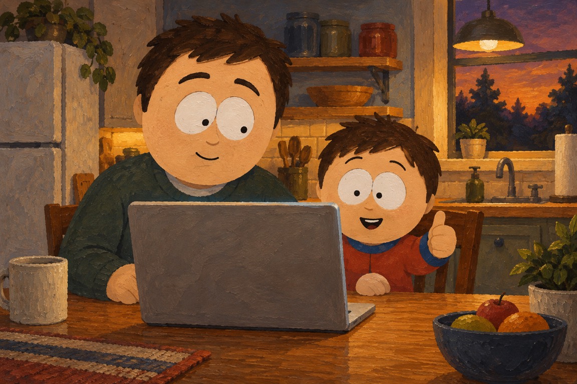 Oil painting: a father and son at a laptop, the son gives a thumbs up