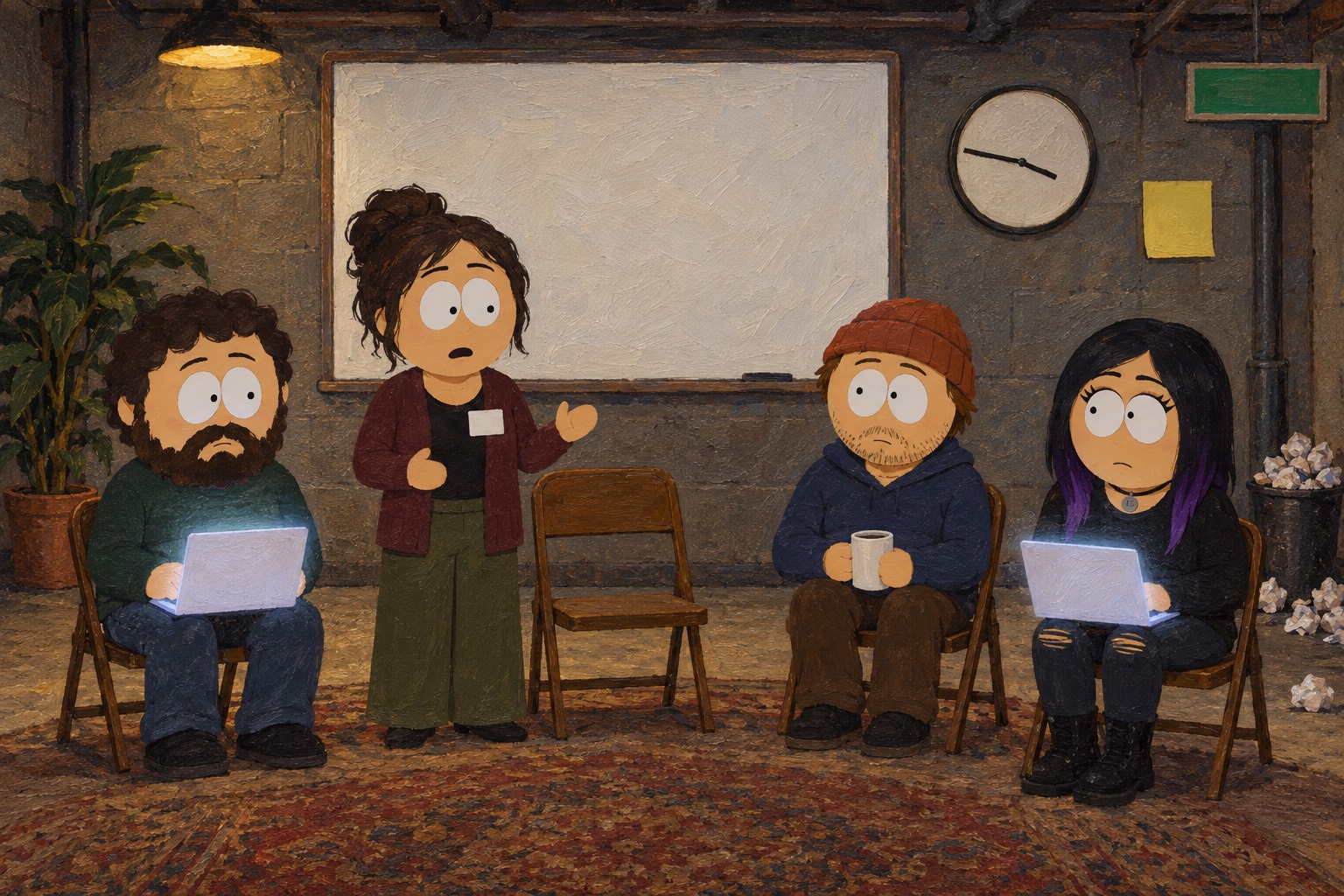 Oil painting: a late-night support group for AI-coding addicts in a basement