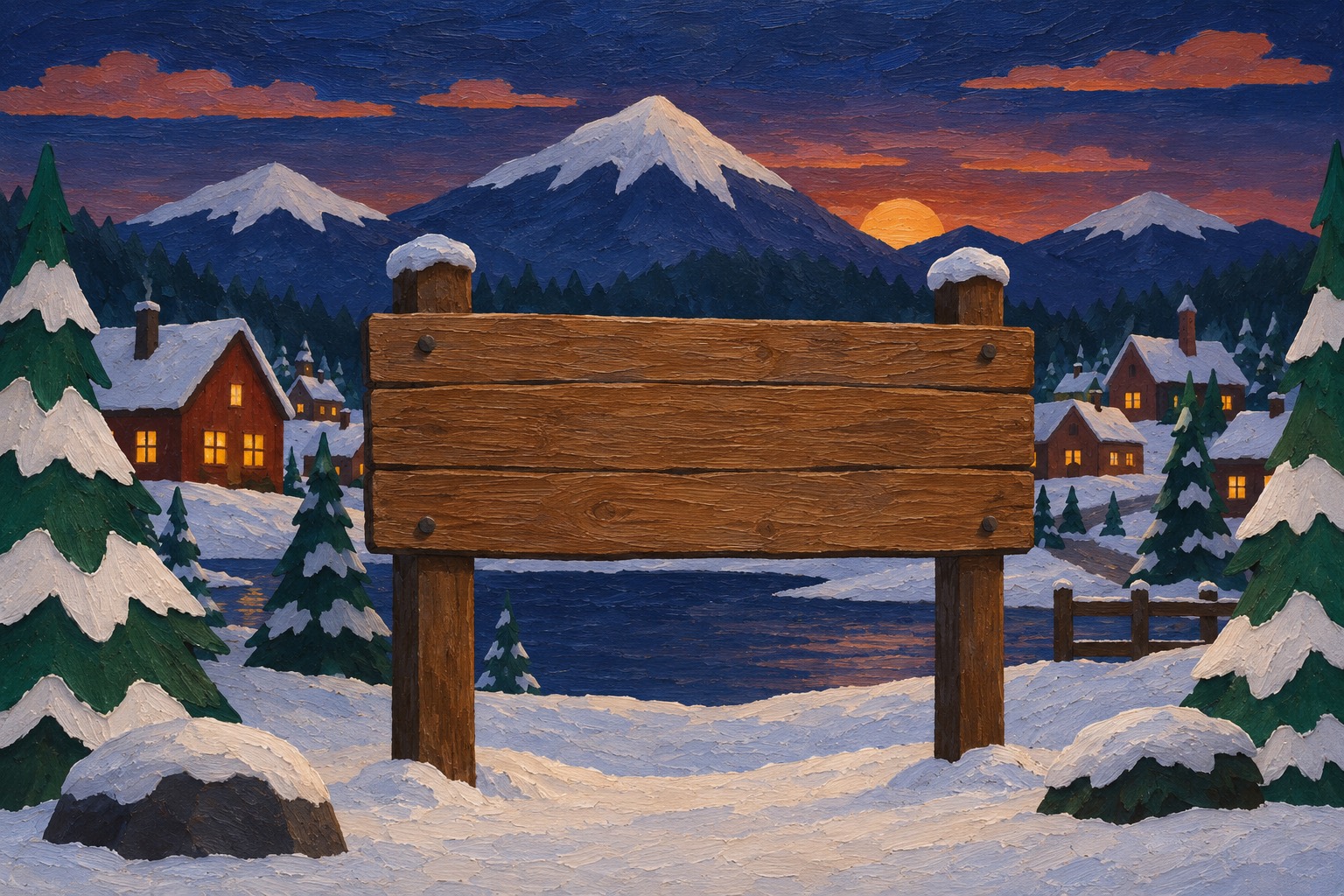 Oil painting: a quiet snowy mountain town with a wooden welcome sign